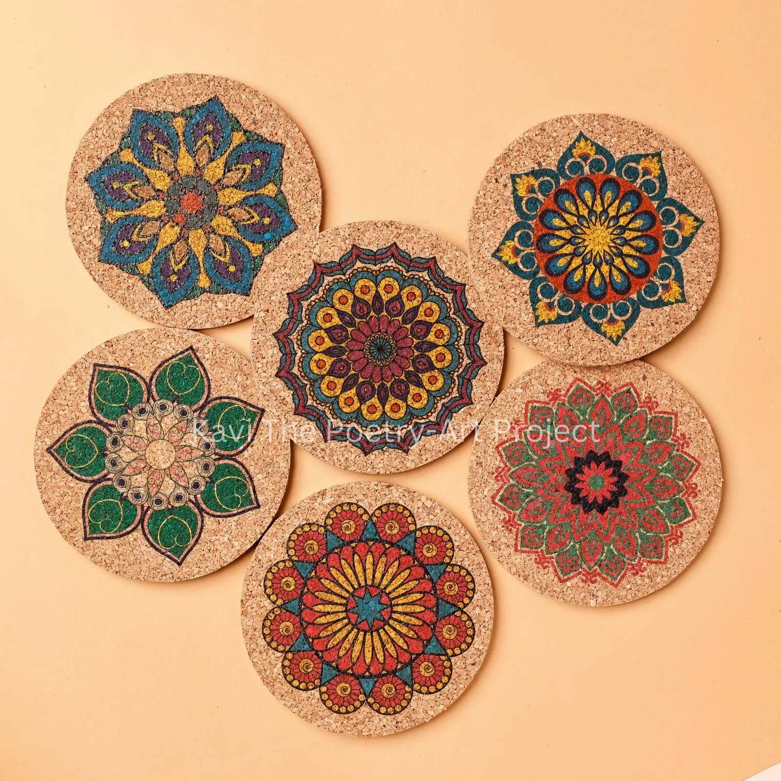 Colorful Mandala cork coasters (Set of 6)