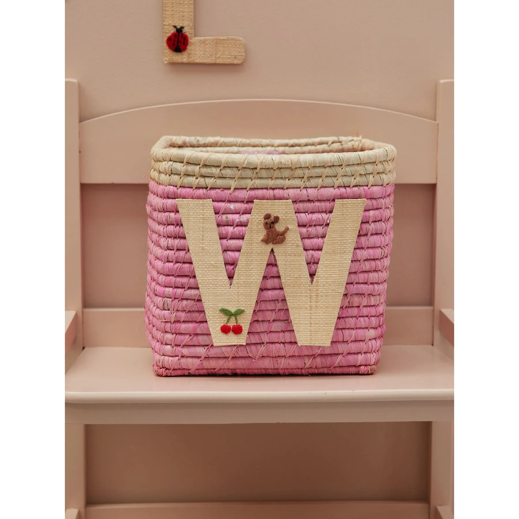 Rice DK Raffia Sticker Letter in Nature with Cherry and Dog Embroidery - W