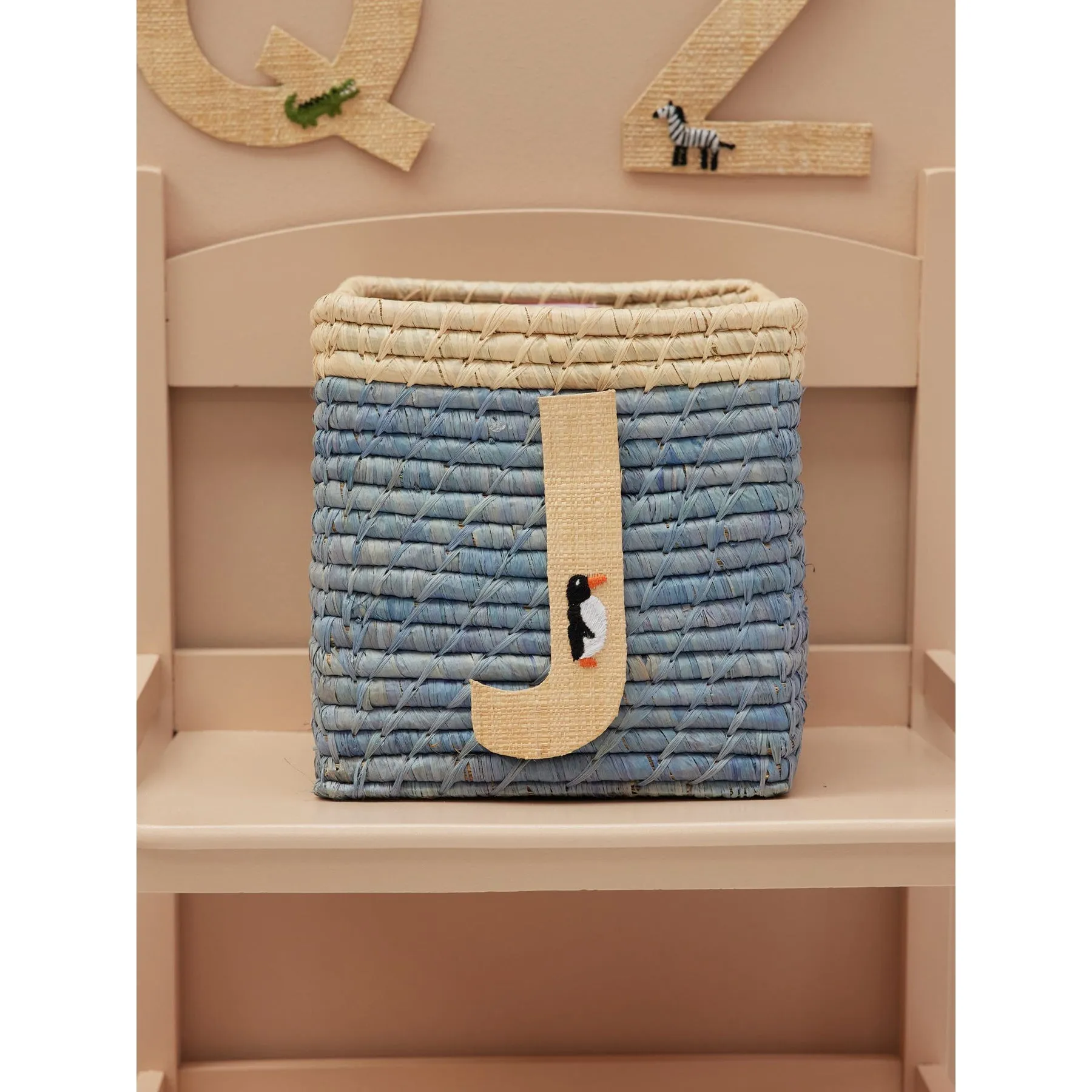 Rice DK Raffia Sticker Letter in Nature with Penguin Embroidery - J